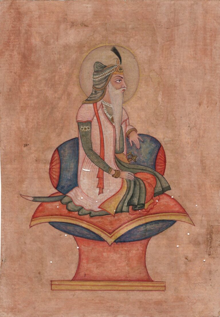 A detailed example of Miniature Paintings in Lahore showcasing a regal figure seated on a throne, reflecting Mughal-era artistry and traditional craftsmanship.